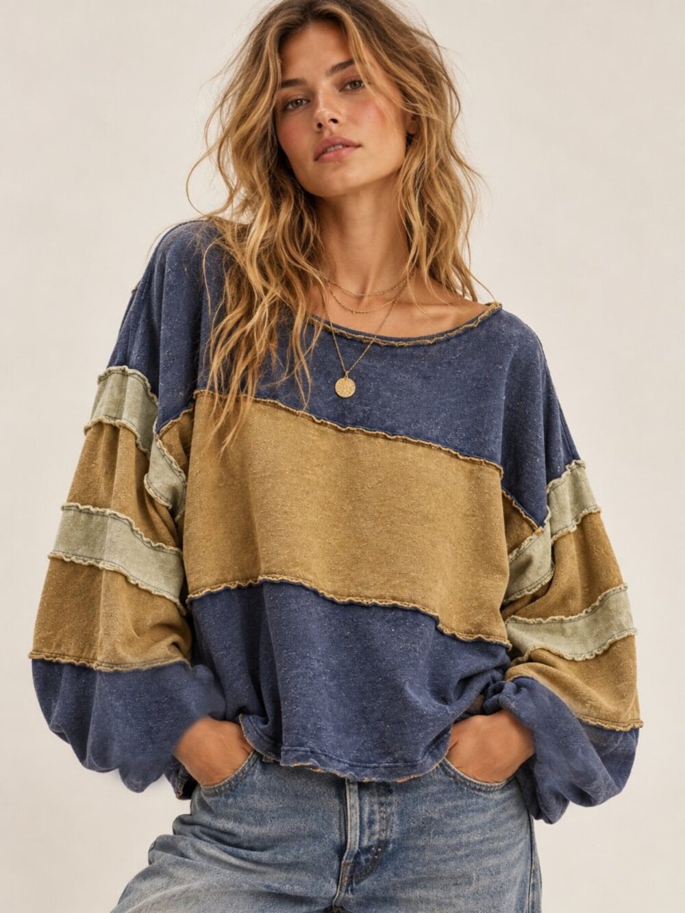 Free People We The Free Linen Cotton Bobbi Tee Colorblock Raw Seam Boho Top